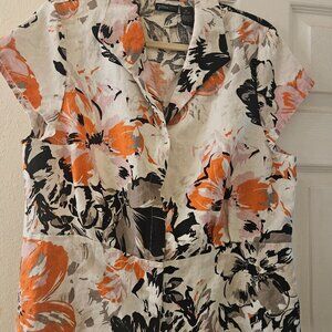 Boho Short Sleeve floral peplum belted button-up 100% Linen shirt blouse XL